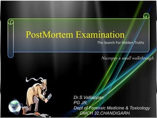 PostMortem Examination
Necropsy a small walkthrough
Dr.S.Valliappan
PG JR,
Dept of Forensic Medicine & Toxicology
GMCH 32,CHANDIGARH.
The Search For Hidden Truths
 