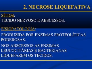 SÍTIOSSÍTIOS::
TECIDO NERVOSO E ABSCESSOS.TECIDO NERVOSO E ABSCESSOS.
FISIOPATOLOGIAFISIOPATOLOGIA::
PRODUZIDA POR ENZIMAS PROTEOLÍTICASPRODUZIDA POR ENZIMAS PROTEOLÍTICAS
PODEROSAS.PODEROSAS.
NOS ABSCESSOS AS ENZIMASNOS ABSCESSOS AS ENZIMAS
LEUCOCITÁRIAS E BACTERIANASLEUCOCITÁRIAS E BACTERIANAS
LIQUEFAZEM OS TECIDOS.LIQUEFAZEM OS TECIDOS.
2. NECROSE LIQUEFATIVA
 