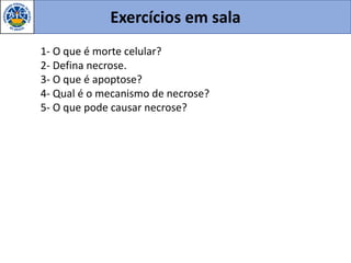 Exercícios em sala
1- O que é morte celular?
2- Defina necrose.
3- O que é apoptose?
4- Qual é o mecanismo de necrose?
5- O que pode causar necrose?
 
