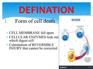 I. Form of cell death
 CELL MEMBRANE fell apart
 CELLULAR ENZYMES leak out
which digest cell
 Culmination of REVERSIBLE
INJURY that cannot be corrected
DEFINATION
 