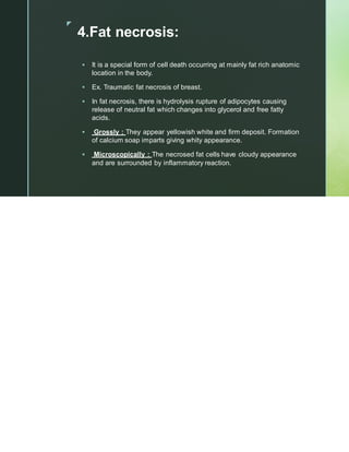 z
4.Fat necrosis:
▪ It is a special form of cell death occurring at mainly fat rich anatomic
location in the body.
▪ Ex. Traumatic fat necrosis of breast.
▪ In fat necrosis, there is hydrolysis rupture of adipocytes causing
release of neutral fat which changes into glycerol and free fatty
acids.
▪ Grossly : They appear yellowish white and firm deposit. Formation
of calcium soap imparts giving whity appearance.
▪ Microscopically : The necrosed fat cells have cloudy appearance
and are surrounded by inflammatory reaction.
 