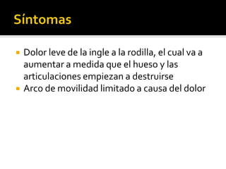    Dolor leve de la ingle a la rodilla, el cual va a
    aumentar a medida que el hueso y las
    articulaciones empiezan a destruirse
   Arco de movilidad limitado a causa del dolor
 