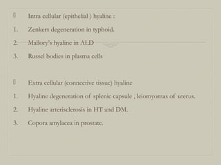  Intra cellular (epithelial ) hyaline :
1. Zenkers degeneration in typhoid.
2. Mallory’s hyaline in ALD
3. Russel bodies in plasma cells
 Extra cellular (connective tissue) hyaline
1. Hyaline degeneration of splenic capsule , leiomyomas of uterus.
2. Hyaline arterisclerosis in HT and DM.
3. Copora amylacea in prostate.
 