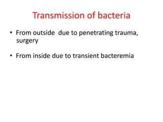 Transmission of bacteria
• From outside due to penetrating trauma,
surgery
• From inside due to transient bacteremia
 
