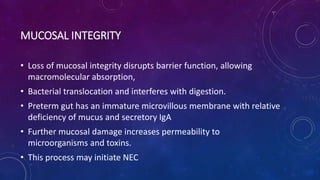 MUCOSAL INTEGRITY
• Loss of mucosal integrity disrupts barrier function, allowing
macromolecular absorption,
• Bacterial translocation and interferes with digestion.
• Preterm gut has an immature microvillous membrane with relative
deficiency of mucus and secretory IgA
• Further mucosal damage increases permeability to
microorganisms and toxins.
• This process may initiate NEC
 