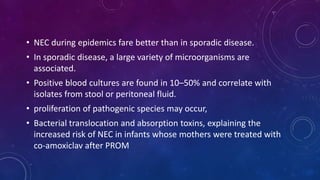 • NEC during epidemics fare better than in sporadic disease.
• In sporadic disease, a large variety of microorganisms are
associated.
• Positive blood cultures are found in 10–50% and correlate with
isolates from stool or peritoneal fluid.
• proliferation of pathogenic species may occur,
• Bacterial translocation and absorption toxins, explaining the
increased risk of NEC in infants whose mothers were treated with
co-amoxiclav after PROM
 