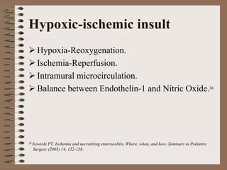 Hypoxic-ischemic insult
    Hypoxia-Reoxygenation.
    Ischemia-Reperfusion.
    Intramural microcirculation.
    Balance between Endothelin-1 and Nitric Oxide.26




26 NowickiPT. Ischemia and necrotizing enterocolitis, Where, when, and how. Seminars in Pediatric
  Surgery (2005) 14, 152-158.
 