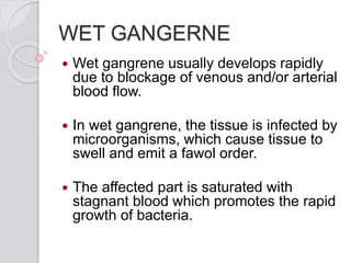 WET GANGERNE
 Wet gangrene usually develops rapidly
due to blockage of venous and/or arterial
blood flow.
 In wet gangrene, the tissue is infected by
microorganisms, which cause tissue to
swell and emit a fawol order.
 The affected part is saturated with
stagnant blood which promotes the rapid
growth of bacteria.
 