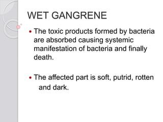 WET GANGRENE
 The toxic products formed by bacteria
are absorbed causing systemic
manifestation of bacteria and finally
death.
 The affected part is soft, putrid, rotten
and dark.
 