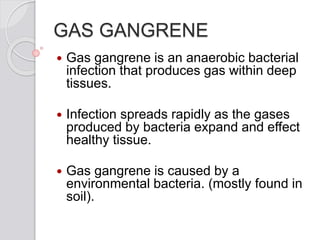 GAS GANGRENE
 Gas gangrene is an anaerobic bacterial
infection that produces gas within deep
tissues.
 Infection spreads rapidly as the gases
produced by bacteria expand and effect
healthy tissue.
 Gas gangrene is caused by a
environmental bacteria. (mostly found in
soil).
 