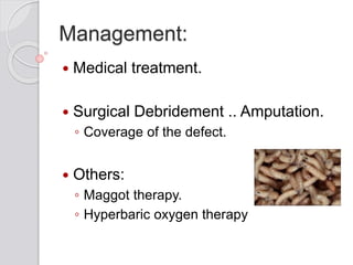 Management:
 Medical treatment.
 Surgical Debridement .. Amputation.
◦ Coverage of the defect.
 Others:
◦ Maggot therapy.
◦ Hyperbaric oxygen therapy
 