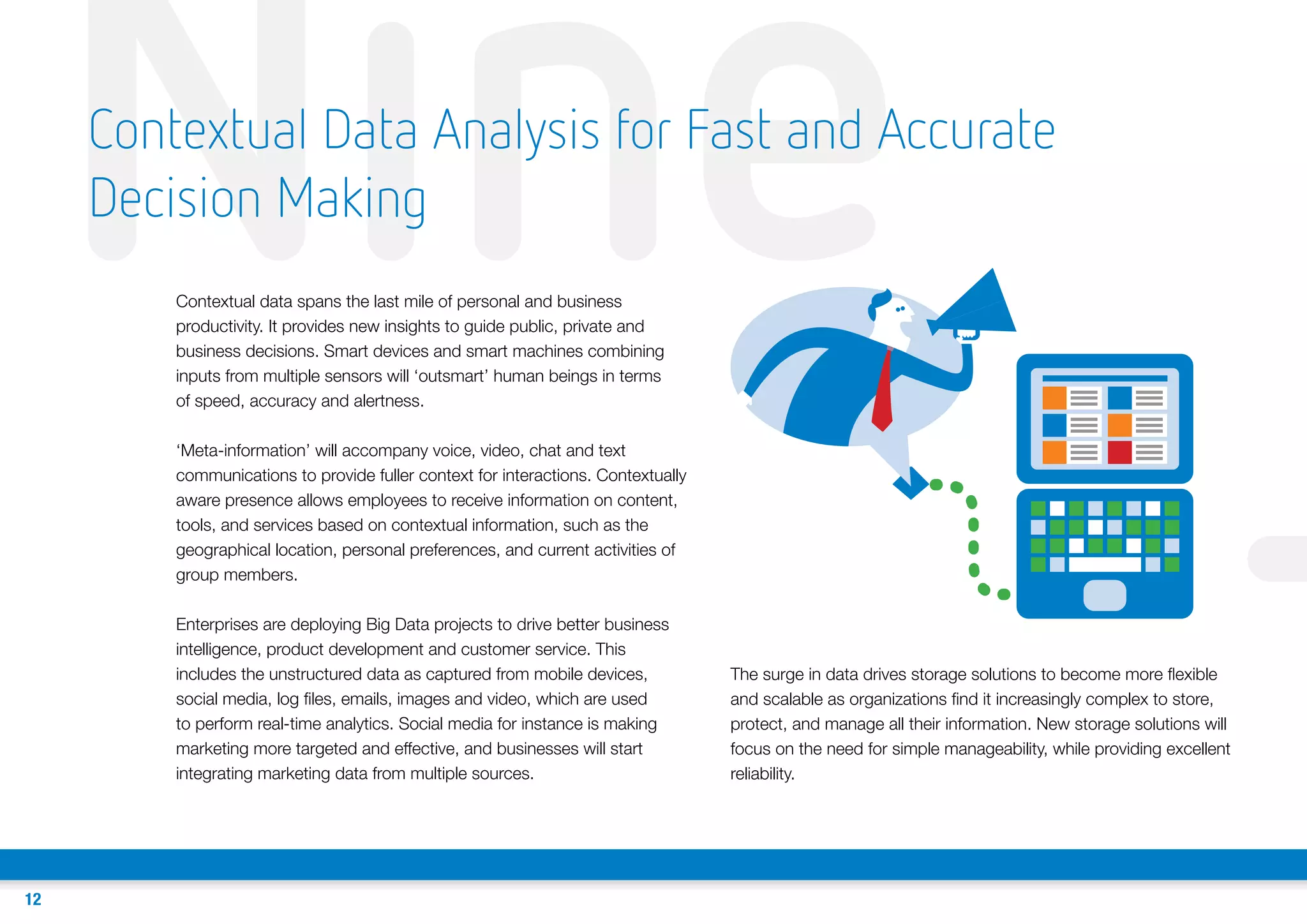 Nine

Contextual Data Analysis for Fast and Accurate
Decision Making
Contextual data spans the last mile of personal and business
productivity. It provides new insights to guide public, private and
business decisions. Smart devices and smart machines combining
inputs from multiple sensors will ‘outsmart’ human beings in terms
of speed, accuracy and alertness.

‘Meta-information’ will accompany voice, video, chat and text
communications to provide fuller context for interactions. Contextually
aware presence allows employees to receive information on content,
tools, and services based on contextual information, such as the
geographical location, personal preferences, and current activities of
group members.
Enterprises are deploying Big Data projects to drive better business
intelligence, product development and customer service. This
includes the unstructured data as captured from mobile devices,
social media, log files, emails, images and video, which are used
to perform real-time analytics. Social media for instance is making
marketing more targeted and effective, and businesses will start
integrating marketing data from multiple sources.

12

The surge in data drives storage solutions to become more flexible
and scalable as organizations find it increasingly complex to store,
protect, and manage all their information. New storage solutions will
focus on the need for simple manageability, while providing excellent
reliability.

T

 