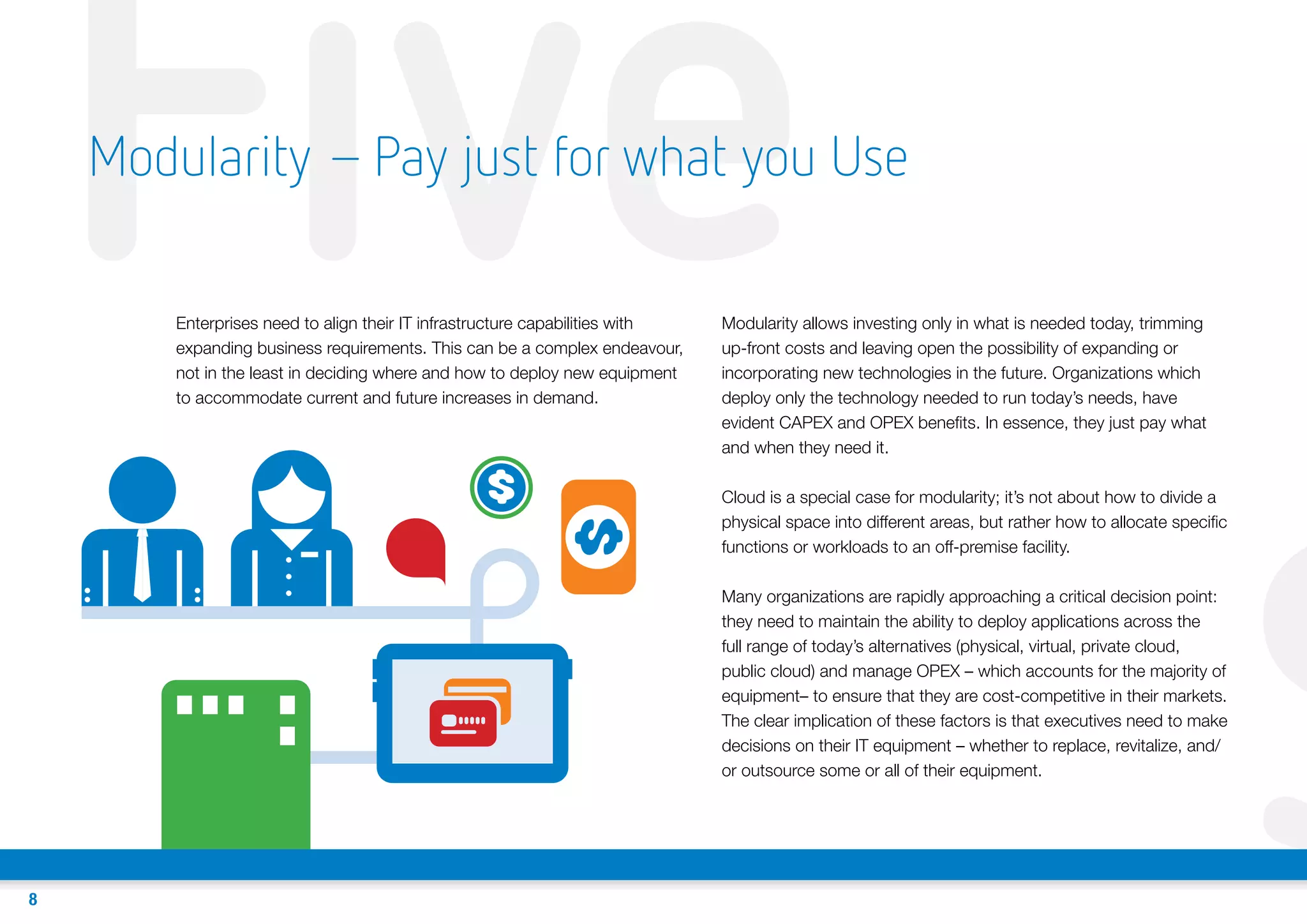 Five

Modularity – Pay just for what you Use
Enterprises need to align their IT infrastructure capabilities with
expanding business requirements. This can be a complex endeavour,
not in the least in deciding where and how to deploy new equipment
to accommodate current and future increases in demand.

Modularity allows investing only in what is needed today, trimming
up-front costs and leaving open the possibility of expanding or
incorporating new technologies in the future. Organizations which
deploy only the technology needed to run today’s needs, have
evident CAPEX and OPEX benefits. In essence, they just pay what
and when they need it.
Cloud is a special case for modularity; it’s not about how to divide a
physical space into different areas, but rather how to allocate specific
functions or workloads to an off-premise facility.
Many organizations are rapidly approaching a critical decision point:
they need to maintain the ability to deploy applications across the
full range of today’s alternatives (physical, virtual, private cloud,
public cloud) and manage OPEX – which accounts for the majority of
equipment– to ensure that they are cost-competitive in their markets.
The clear implication of these factors is that executives need to make
decisions on their IT equipment – whether to replace, revitalize, and/
or outsource some or all of their equipment.

8

S

 