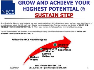 GROW AND ACHIEVE YOUR
HIGHEST POTENTIAL ®
SUSTAIN STEP
According to the SBA, as a small business, you are a very important part of the American economy and you create about two out of
every three new jobs in the U.S. each year. Despite your importance in the American economy you struggle to “GROW AND
ACHIEVE YOUR HIGHEST POTENTIAL.” ® There are a number of challenges facing every small business, today.
The NECS methodology was designed to address challenges facing the small businesses and enable them to “GROW AND
ACHIEVE YOUR HIGHEST POTENTIAL.” ®
5/25/2017
NECS - WWW.NECS-MA.COM
781.929.1148 - gjcomeau@necs-ma.com 1
Reduce
Waste
Reduce Late
Product or
Service
Deliveries
Improve
Customer
Experience
Follow the NECS Methodology to:
 