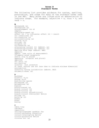 Annex B
Standard Terms
The following list provides guidance for syntax, spelling,
punctuation, and usage for many of the standard terms used
in the NEC. Many words are listed with an abbreviation to
indicate usage. For example, adjective = a, noun = n, and
verb = v.
A
abovegrade (a)
aboveground (a)
acknowledgment (no e)
adapter
adjustable-speed (a)
affect (v) = to influence; effect (n) = result
air conditioner (n)
air-condition (v)
air-conditioning (a)
airflow (a,n)
airtight (a)
airspace (a)
air-handling (a)
alternating current (n) (abbrev. ac)
alternating-current (a) (abbrev. ac)
American Wire Gage (abbrev. AWG)
ampacity
ampere (see units of measurement)
20-ampere–rated receptacle
and/or (try to avoid)
apparatus (singular and plural)
approved
arc fault (n)
arc-fault(a)
arrester (not arrestor)
at least (avoid; use not less than to indicate minimum dimension)
autoignition
authority having jurisdiction (abbrev. AHJ)
automatic-reset (a)
B
backfeed
backfill (n,v)
backup (a,n)
back-wiring spaces
belowgrade (a)
belowground (a)
bipolar
braid-covered (a)
branch circuit (n)
branch-circuit (a)
branch-circuit ground-circuit
branch-circuit overcurrent device
buildup (n)
build up (v)
busbar
buses
busing
C
cable tray
cablebus
capacitors
ceiling-suspended (paddle) fan
circuit-grounding connection
circuit-interrupting device
circuit-protective device
23
circular mil (a)
 