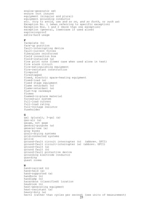 engine–generator set
ensure (not insure)
equipment (singular and plural)
equipment grounding conductor
etc. (try to avoid, use and so on, and so forth, or such as)
Exception No. 1 (when referring to specific exception)
Exception Nos. 1 and 2 (more than one exception)
exception (general, lowercase if used alone)
explosionproof
extra-hard usage
F
faceplate (n)
face-up position
fault-interrupting device
fault–current forces
fiberglass reinforced
field connection box
field-installed (a)
fine print note (lower case when used alone in text)
fire alarm circuit
fire-extinguishing equipment
fire-resistant construction
fireproof
firestopped
fixed, electric space-heating equipment
fixed-load (a)
fixed stage equipment
flame retardant (n)
flame-retardant (a)
flat-top raceways
fluxes
foamed-in-place material
forced-air system
full-load current
full-load rating
full-voltage resistor
fuseholder
G
gal (plural), 3-gal (a)
gas–air (a)
gauge, not gage
general-purpose (a)
general-use (a)
gray buses
grain-drying systems
grid-connected systems
grille
ground-fault circuit interrupter (n) (abbrev. GFCI)
ground-fault circuit-interrupter (a) (abbrev. GFCI)
ground-fault (a)
ground fault (n)
ground-fault protective device
grounding electrode conductor
guarding
guest rooms
H
hand-carried (n)
hand-held (a)
hand-supported (a)
handhole (n)
handlamp (n)
hazardous (classified) location
headroom (n)
heat-generating equipment
heat-resistant (a)
heavy-duty (a)
25
hertz (rather than cycles per second) (see units of measurement)
 