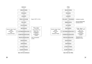 PIÑA
SELECCION
PESADO
LAVADO
PELADO - TROZADO
INMERSION
LICUADO
REFINADO
ESTANDARIZACION
HOMOGENIZACION
PASTEURIZACION
ENVASADO
ENFRIADO
ETIQUETADO
ALMACENADO
NECTAR DE PIÑA
Pulpa : Agua = 1 : 2
° Brix = 12.5 - 13.0
pH = 3.5
Estabilizante =
0.125 %
Conservante =
0.045%
Solución Metabisulfito
de Sodio 0.05 %
Cortado en cuartos
Temperatura de
ebullición x 2 min.
Dilución = Agua : Pulpa
Azúcar.
Acido Cítrico.
CMC
Sorbato de Potasio
31
MANGO
SELECCION
PESADO
LAVADO
PRE-COCCION
PELADO
PULPEADO
REFINADO
ESTANDARIZACION
HOMOGENIZACION
PASTEURIZACION
ENVASADO
ENFRIADO
ETIQUETADO
ALMACENADO
NECTAR DE MANGO
Pulpa : Agua =
1 : 2.5 - 3.0
° Brix = 12.5 - 13.0
pH = 3.5
Estabilizante =
0.075 %
Conservante =
0.045%
Temp. de ebullición
x 2 min.
Agua a 100°C x 5 min.
Dilución = Agua : Pulpa
Azúcar.
Acido Cítrico.
CMC
Sorbato de Potasio
30
 