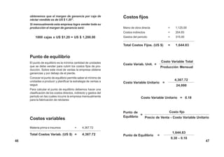 obtenemos que el margen de ganancia por caja de
néctar vendido es de US $ 1.20”.
Si mensualmente esta empresa logra vender toda su
producción el margen de ganancia será:
1000 cajas x US $1.20 = US $ 1,200.00
Punto de equilibrio
El punto de equilibrio es la mínima cantidad de unidades
que se debe vender para cubrir los costos fijos de pro-
ducción. Sobre este nivel de ventas la empresa obtiene
ganancias y por debajo de el pierde.
Conocer el punto de equilibrio permite saber el mínimo de
unidades a producir y planificar la estrategia de ventas a
seguir.
Para calcular el punto de equilibrio debemos hacer una
clasificación de los costos directos, indirecto y gastos del
periodo en las cuales incurre la empresa mensualmente
para la fabricación de néctares:
Costos variables
Materia prima e insumos = 4,367.72
Total Costos Variab. (US $) = 4,367.72
Costos fijos
Mano de obra directa = 1,125.00
Costos indirectos = 204.83
Gastos del periodo = 315.00
Total Costos Fijos. (US $) = 1,644.83
Costo Variable Total
Costo Variab. Unit. =
Producción Mensual
4,367.72
Costo Variable Unitario =
24,000
Costo Variable Unitario = 0.18
Costo fijo
=
Precio de Venta - Costo Variable Unitario
1,644.83
Punto de Equilibrio =
0.30 - 0.18
Punto de
Equilibrio
46 47
 