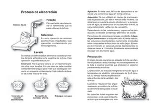 Proceso de elaboración
Pesado
Es importante para determi-
nar el rendimiento que se
puede obtener de la fruta.
Selección
En esta operación se eliminan
aquellas frutas magulladas y que
presentan contaminación por
microorganismos.
Lavado
Se realiza con la finalidad de eliminar la suciedad y/o res-
tos de tierra adheridos en la superficie de la fruta. Esta
operación se puede realizar por:
Inmersión: Por lo general viene a ser un tratamiento pre-
vio a los otros lavados. En este caso se debe cambiar
constantemente el agua para evitar que a la larga se con-
vierta en un agente contaminante. Este método de lava-
do se puede realizar en tinas.
Agitación: En este caso, la fruta es transportada a tra-
vés de una corriente de agua en forma continua.
Aspersión: Es muy utilizado en plantas de gran capaci-
dad de producción, por ser el método más eficiente. Se
debe tener en cuenta la presión, el volúmen y la tempera-
tura del agua, la distancia de los rociadores a la fruta, la
carga del producto y el tiempo de exposición.
Dependiendo de las instalaciones y capacidad de pro-
ducción, se decidirá por la mejor alternativa de lavado.
Para el caso de pequeñas empresas, el método de lava-
do por inmersión es el más adecuado. En este método,
las soluciones desinfectantes mayormente empleadas
están compuestas de hipoclorito de sodio (lejía). El tiem-
po de inmersión en estas soluciones desinfectantes no
debe ser menor a 15 minutos. Finalmente se recomienda
enjuagar con abundante agua.
Precocción
El objeto de esta operación es ablandar la fruta para faci-
litar el pulpeado, reducir la carga microbiana presente en
la fruta e inactivar enzimas que producen el posterior
pardeamiento de la fruta.
La precocción, se realiza sumergiendo la fruta en agua a
temperatura de ebullición por un espacio de 3 a 5 minu-
tos. El tiempo exacto de precocción
esta en función de la cantidad y tipo
de fruta.
Cuando se requiera evitar el par-
deamiento enzimático de la fruta,
se denomina blanqueado o escal-
dado
No todas las frutas requieren ser
precocidas; en el caso de la piña,
se troza y se sumerge en una solu-
Balanza de pie
Inmersión en
solución
desinfectante.
Remoción de
suciedad y tierra.
Enjuague con agua
11
 