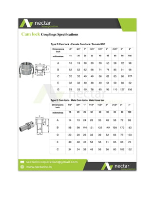 Type D Cam lock - Female Cam lock / Female BSP
Dimensions
inch
1/2" 3/4" 1" 11/4" 11/2" 2" 21/2" 3" 4"
millimetres 15 20 25 32 40 50 65 80 100
A 16 19 26 30 39 50 58 72 98
B 52 52 62 68 71 78 85 91 96
C 32 32 40 48 56 67 83 96 127
E 32 32 40 48 49 54 59 60 62
G 53 53 60 78 85 96 110 127 156
Dimensions
inch
1/2" 3/4" 1" 11/4" 11/2" 2" 21/2" 3" 4"
millimetres 15 20 25 32 40 50 65 80 100
A 14 19 24 28 35 48 58 72 98
B 98 98 110 121 125 140 158 170 182
D 20 20 26 33 39 52 65 77 103
E 40 40 46 53 56 61 65 66 70
C 34 34 38 48 56 66 80 102 132
Type E Cam lock - Male Cam lock / Male Hose bar
Cam lock Couplings Speciﬁcations
 