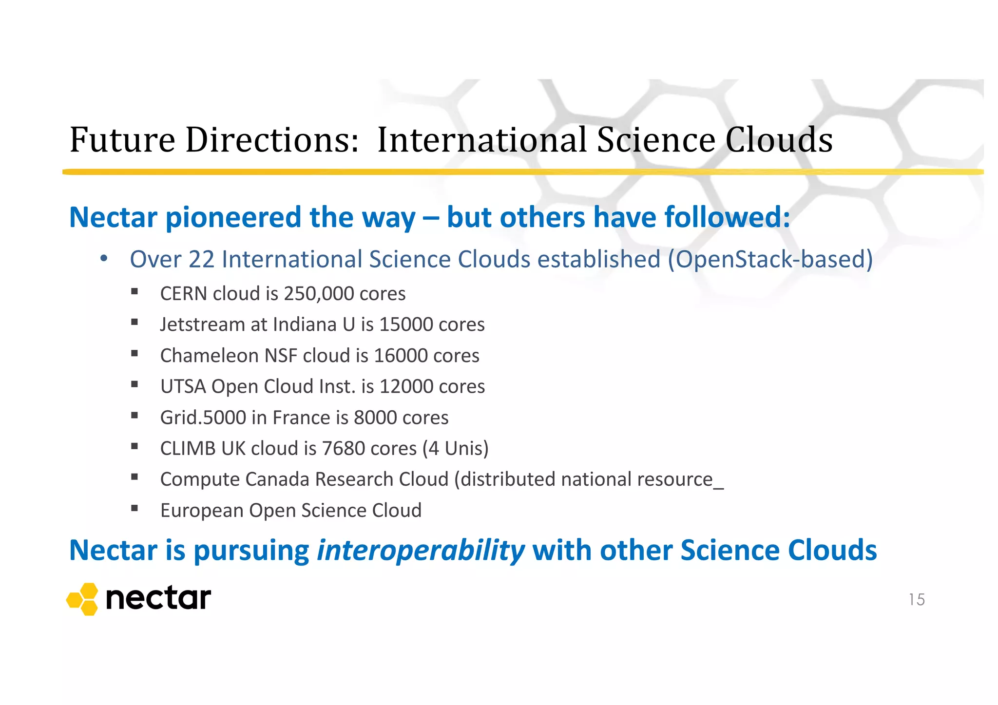 Future	
  Directions:	
  	
  International	
  Science	
  Clouds
Nectar	
  pioneered	
  the	
  way	
  – but	
  others	
  have	
  followed:
• Over	
  22	
  International	
  Science	
  Clouds	
  established	
  (OpenStack-­‐based)
§ CERN	
  cloud	
  is	
  250,000	
  cores
§ Jetstream	
  at	
  Indiana	
  U	
  is	
  15000	
  cores
§ Chameleon	
  NSF	
  cloud	
  is	
  16000	
  cores
§ UTSA	
  Open	
  Cloud	
  Inst.	
  is	
  12000	
  cores
§ Grid.5000	
  in	
  France	
  is	
  8000	
  cores
§ CLIMB	
  UK	
  cloud	
  is	
  7680	
  cores	
  (4	
  Unis)
§ Compute	
  Canada	
  Research	
  Cloud	
  (distributed	
  national	
  resource_
§ European	
  Open	
  Science	
  Cloud
Nectar	
  is	
  pursuing	
  interoperability with	
  other	
  Science	
  Clouds
15
 