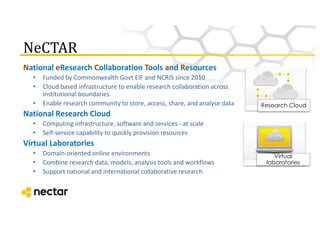 Virtual
laboratories
Research Cloud
NeCTAR
National	
  eResearch	
  Collaboration	
  Tools	
  and	
  Resources
• Funded	
 ...