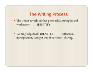   The writer reveals his/her personality, strengths and
weaknesses ------ IDENTITY
  Writing helps build IDENTITY ------- reflection,
introspection, taking it out of our chest, sharing.
 