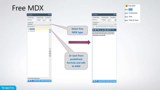 Free MDX
Select free
MDX type
Or start from
predefined
formula and edit
its MDX
 
