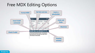 Free MDX Editing Options
Check if valid
Insert OLAP
command
Set font and sizeFormat MDX Insert a
placeholder
Floating
window
Maximize
Undo and
Redo
 