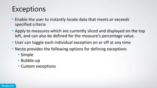 Exceptions
• Enable the user to instantly locate data that meets or exceeds
specified criteria
• Apply to measures which are currently sliced and displayed on the top
left, and can also be defined for the measure’s percentage value.
• User can toggle each individual exception on or off at any time
• Necto provides the following options for defining exceptions
• Simple
• Bubble-up
• Custom exceptions
 