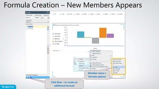 Formula Creation – New Members Appears
Click New – to create an
additional formula
Member menu +
formula options
 