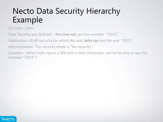 Necto Data Security Hierarchy
Example
For User - John:
Data Security was defined – You may not see the member “2015”.
Application- OLAP security for which the user John can see the year “2015”.
Administration- The security mode is “No Security”.
Question - When John opens a WB with a time dimension, will he be able to see the
member “2015”?
 