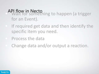 API flow in Necto
 Wait for something to happen (a trigger
for an Event).
 If required get data and then identify the
specific item you need.
 Process the data
 Change data and/or output a reaction.
 