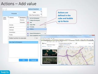 Actions – Add value
Actions are
defined in the
cube and bubble
up to Necto
 