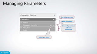 Managing Parameters
Can add parameters
Shows all parameters
defined in
Workboard
Delete parameters
Move up or down
 