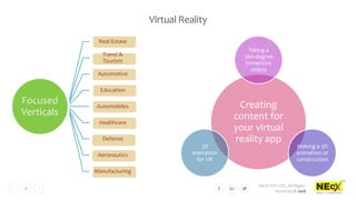 NEcX PVT LTD., All Rights
Reserved © 2018
16
Virtual Reality
Focused
Verticals
Real Estate
Travel &
Tourism
Automotive
Education
Automobiles
Healthcare
Defense
Aeronautics
Manufacturing
Creating
content for
your virtual
reality app
Taking a
360-degree
immersive
videos
Making a 3D
animation or
construction
3D
animation
for VR
 