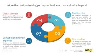 NEcX PVT LTD., All Rights
Reserved © 2018
22
More than just partnering you in your business…we add value beyond
One window
One window to all products and
services with true single sign on
which not only saves your time
but is convenient.
Global connect
We leverage our global connect to
bring you the best of products and
services right to your doorstep.
Going beyond domain
expertise
We act as your thinktank while you
focus on your linear growth we focus
on making your business on more
scalable and sustainable.
Profit center
We leverage economies of
scale and cross subsidize to
ensure that not only is the
total cost of ownership at the
lowest but also generate
profits for you.
 