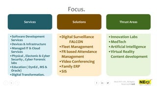 NEcX PVT LTD., All Rights
Reserved © 2018
6
Focus.
Services
•Software Development
Services
•Devices & Infrastructure
•Managed IT & Cloud
Services
•Physical , Electonic & Cyber
Security , Cyber Forensic
labs
•Education ( DynEd , MS &
Oracle)
•Digital Transformation.
Solutions
•Digital Surveillance
FALCON
•Fleet Management
•FR based Attendance
Management
•Video Conferencing
•Family ERP
•SIS
Thrust Areas
•Innovation Labs
•MedTech
•Artificial Intelligence
•Virtual Reality
Content development
 