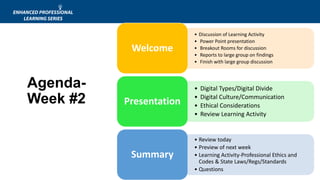 Agenda-
Week #2
• Discussion of Learning Activity
Welcome
• Power Point presentation
• Breakout Rooms for discussion
• Reports to large group on findings
• Finish with large group discussion
• Digital Types/Digital Divide
Presentation
• Digital Culture/Communication
• Ethical Considerations
• Review Learning Activity
• Review today
Summary
• Preview of next week
• Learning Activity-Professional Ethics and
Codes & State Laws/Regs/Standards
• Questions
 