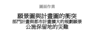 圖面作業
願景圖與計畫圖的衝突
部門計畫與都市計畫擴大的規劃願景
公施保留地的災難
 