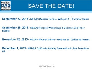 September 23, 2015 - NEDAS Webinar Series - Webinar # 1: Toronto Teaser
September 29, 2015 - NEDAS Toronto Workshops & Social at 2nd Floor
Events
November 12, 2015 - NEDAS Webinar Series - Webinar #2: California Teaser
December 1, 2015 - NEDAS California Holiday Celebration in San Francisco,
CA
SAVE THE DATE!
#NEDASBoston	
 
 