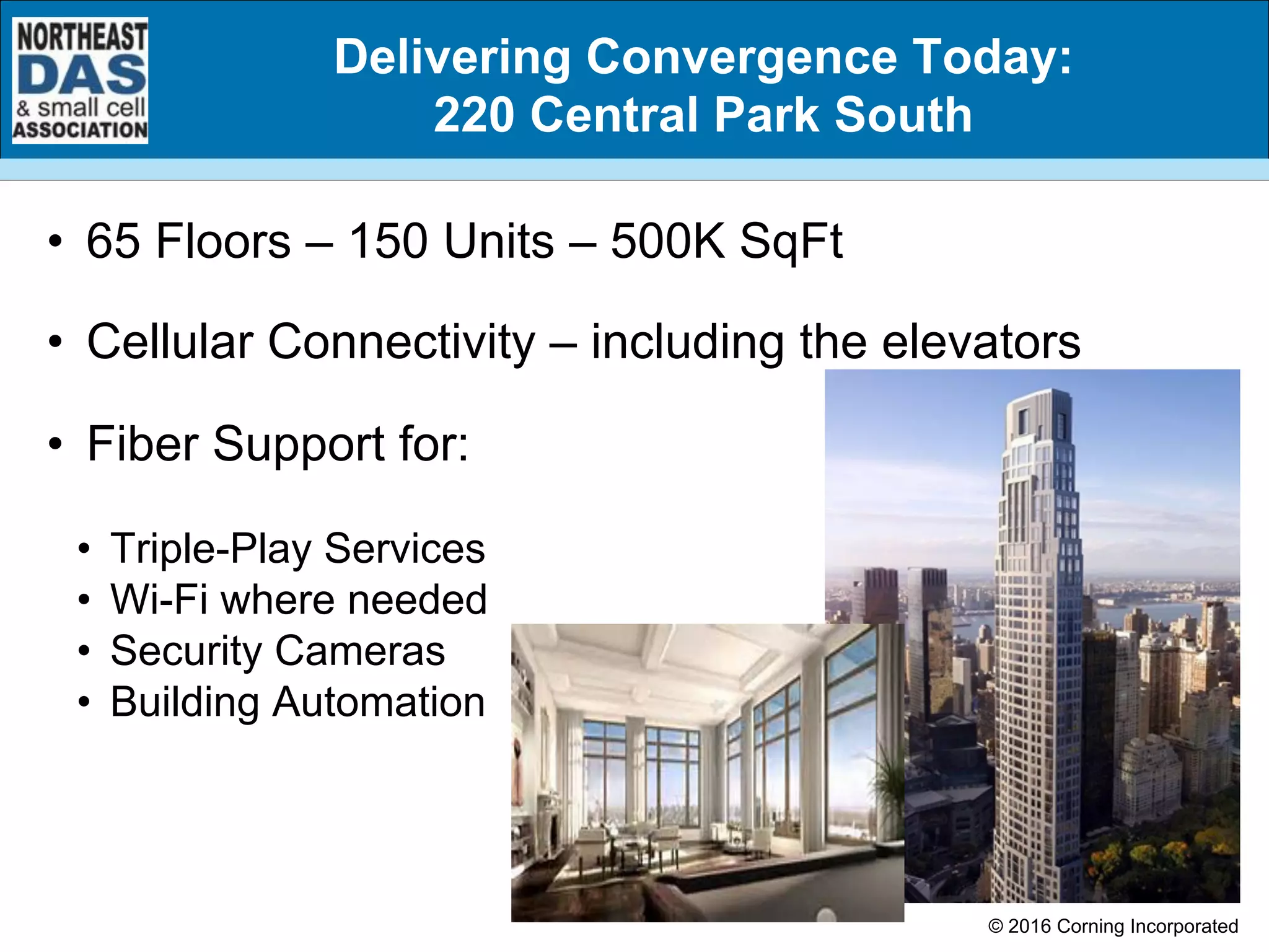 Delivering Convergence Today:
220 Central Park South
•  65 Floors – 150 Units – 500K SqFt
•  Cellular Connectivity – including the elevators
•  Fiber Support for:
•  Triple-Play Services
•  Wi-Fi where needed
•  Security Cameras
•  Building Automation
© 2016 Corning Incorporated
 