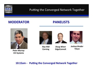 Pusng	
  the	
  Converged	
  Network	
  Together	
  
Peter	
  Murray	
  
CCI	
  Systems	
  
MODERATOR	
  
Doug	
  Wiest	
  
EdgeConneX	
  
PANELISTS	
  
Ray	
  Hild	
  
Corning	
  
Joshua	
  Broder	
  
Tilson	
  
10:15am	
  -­‐	
  	
  	
  Pufng	
  the	
  Converged	
  Network	
  Together	
  
 
