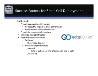 Success	
  Factors	
  for	
  Small	
  Cell	
  Deployment	
  
•  Backhaul	
  
•  Provide	
  aggrega,on	
  alterna,ves	
  
•  Reduces	
  the	
  impact	
  of	
  price	
  compression	
  
•  Provides	
  overall	
  reduc,on	
  in	
  cost	
  
•  Provide	
  interconnect	
  alterna,ves	
  
•  Minimize	
  new	
  construc,on	
  
•  Seek	
  technical	
  alterna,ves	
  
•  Tethered	
  
Fiber,	
  Coax.	
  Copper	
  
•  Untethered	
  (Microwave)	
  
Licensed	
  
Line	
  of	
  sight,	
  near	
  line	
  of	
  sight,	
  non-­‐line	
  of	
  sight	
  
Unlicensed	
  
 