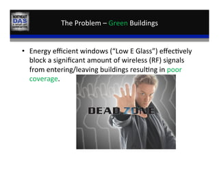 The	
  Problem	
  –	
  Green	
  Buildings	
  
•  Energy	
  eﬃcient	
  windows	
  (“Low	
  E	
  Glass”)	
  eﬀec,vely	
  
block	
  a	
  signiﬁcant	
  amount	
  of	
  wireless	
  (RF)	
  signals	
  
from	
  entering/leaving	
  buildings	
  resul,ng	
  in	
  poor	
  
coverage.	
  
 
