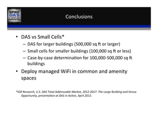 Conclusions	
  
•  DAS	
  vs	
  Small	
  Cells*	
  
–  DAS	
  for	
  larger	
  buildings	
  (500,000	
  sq	
  	
  or	
  larger)	
  
–  Small	
  cells	
  for	
  smaller	
  buildings	
  (100,000	
  sq	
  	
  or	
  less)	
  
–  Case-­‐by-­‐case	
  determina,on	
  for	
  100,000-­‐500,000	
  sq	
  	
  
buildings	
  
•  Deploy	
  managed	
  WiFi	
  in	
  common	
  and	
  amenity	
  
spaces	
  
*IGR	
  Research,	
  U.S.	
  DAS	
  Total	
  Addressable	
  Market,	
  2012-­‐2017:	
  The	
  Large	
  Building	
  and	
  Venue	
  
Opportunity,	
  presentaHon	
  at	
  DAS	
  in	
  AcHon,	
  April	
  2013.	
  
 