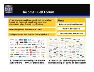 The	
  Small	
  Cell	
  Forum	
  
Aims
Ecosystem Development
Market Education
Driving open standards
Promoting & enabling small cell technology
based on licensed spectrum, operator
managed, edge-based intelligence
Not-for-profit, founded in 2007
Independent, Inclusive, International
67 operators covering 3B mobile
subscribers – 44% of global total
83 small cell technology providers
representing all parts of ecosystem
 