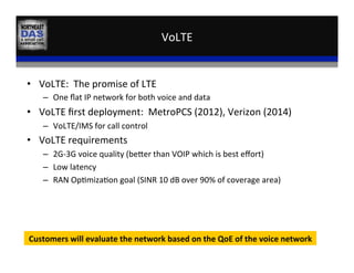 VoLTE	
  
•  VoLTE:	
  	
  The	
  promise	
  of	
  LTE	
  
–  One	
  ﬂat	
  IP	
  network	
  for	
  both	
  voice	
  and	
  data	
  
•  VoLTE	
  ﬁrst	
  deployment:	
  	
  MetroPCS	
  (2012),	
  Verizon	
  (2014)	
  
–  VoLTE/IMS	
  for	
  call	
  control	
  
•  VoLTE	
  requirements	
  
–  2G-­‐3G	
  voice	
  quality	
  (beder	
  than	
  VOIP	
  which	
  is	
  best	
  eﬀort)	
  
–  Low	
  latency	
  
–  RAN	
  Op,miza,on	
  goal	
  (SINR	
  10	
  dB	
  over	
  90%	
  of	
  coverage	
  area)	
  
Customers	
  will	
  evaluate	
  the	
  network	
  based	
  on	
  the	
  QoE	
  of	
  the	
  voice	
  network	
  	
  
 