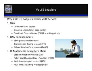 VoLTE	
  Enablers	
  
Why	
  VoLTE	
  is	
  not	
  just	
  another	
  VOIP	
  Service	
  
•  QoS	
  
–  Dedicated	
  data	
  bearer	
  
–  Dynamic	
  scheduler	
  at	
  base	
  sta,on	
  
–  Quality	
  of	
  Class	
  Indicator	
  (QCI)	
  for	
  sesng	
  priority	
  
•  RAN	
  Enhancements	
  
–  Semi-­‐persistent	
  scheduler	
  
–  Transmission	
  Timing	
  Interval	
  (TTI)	
  
–  Robust	
  Header	
  Compression	
  (RoHC)	
  
•  IP	
  Mul,media	
  Subsystem	
  (IMS)	
  
–  Session	
  Ini,a,on	
  Protocol	
  (SIP)	
  
–  Policy	
  and	
  Changing	
  Rules	
  Func,on	
  (PCRF)	
  
–  Real	
  ,me	
  transport	
  protocol	
  (RTP)	
  
–  Real-­‐,me	
  Streaming	
  Protocol	
  (RTSP)	
  
 