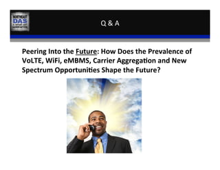 Q	
  &	
  A	
  
Peering	
  Into	
  the	
  Future:	
  How	
  Does	
  the	
  Prevalence	
  of	
  
VoLTE,	
  WiFi,	
  eMBMS,	
  Carrier	
  Aggrega:on	
  and	
  New	
  
Spectrum	
  Opportuni:es	
  Shape	
  the	
  Future?	
  
 